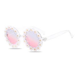LumiSyne Cute Daisy Sunglasses Men Women Round Frame Flower Decoration Glasses UV400 Prom Party Glasses Photography Props Glasses for Couples Travel Beach White, Blue pink