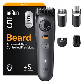 Braun Series 5 Beard Trimmer, BT5525, Grey - 5 Styling Tools, Mens Beard Trimmer with Ultra Sharp Blade, Waterproof, 40 Lengths & 120 min Cordless Use
