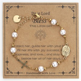 Kiunocoya Catholic Cross Bracelet for Girls Charm Bracelet Jewelry Gift for Women First Communion Baptism Confirmation Gifts for Girls Stainless Steel Imitation Pearl Rosary Bracelet (Gold)