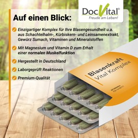 Blasenkraft Blasen Tabletten hochdosiert - deutsches Qualitätsprodukt - Komplex aus Schachtelhalm, Gewürzsumach, Kürbiskern und Leinsamen-Extrakt, plus Vitamin D - DocVital®