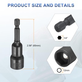 HARFINGTON 2pcs Magnetic Nut Driver 12mm Hex Drive Socket CR-V Steel Power Screw Drill Bits Socket Wrench Tools with 1/4" Quick Change Hex Shank for Power Drills Impact Drivers, Black