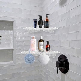 Acrylic Bathroom Shelves, Drilling Free Adhesive Bathroom Shower Caddy 90° Corner Shelf, Tile Walls Mounted Shower Shelves Bathroom Storage Organizer Holder (LJ027C transparent wave large)