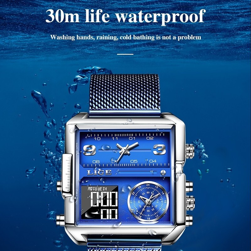Lige Fashion Men Watch Electrical Quartz Digital Week 3ATM Waterproof