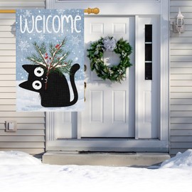 Winter Garden Flag 28 x 40 Inch Double Sided for Outside, Black Cat Pine Tree Branches Snowflake Christmas Winter Welcome House Flag
