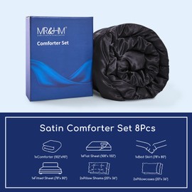 MR&HM Satin Comforter King 8 Pieces - Luxurious Pinch Pleat Bedding Set with Comforter, Sheets, Bed Skirt, Pillowcases & Shams, Super Silky Soft Bed Set for All Season (King, Black)