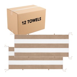 Arkwright Tie-and-Dry Beach Towel, 12-Pack, Clip-Free Pool Chair Cover with Rope Ties Holder for Outdoor Patio Chaise Lounge, 420GSM Cabana Stripe, Oversized 30 x 70 in, White Pepper Beige