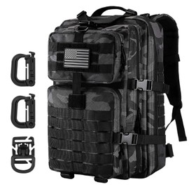 Hannibal Tactical 36L MOLLE Assault Backpack, Military Tactical Backpack Army Camping Rucksack, 3-Day Pack Trip w/USA Flag Patch, D-Rings, Black Camo