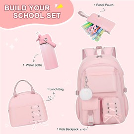 Scothen Backpack for Girls with Insulated Water Bottle, School Bag Bookbag for Teens Girls Kids Student, 14oz Termos Water Bottle Stainless Steel, Lunch Bag & Pencial Case, Back To School Gift (Pink)