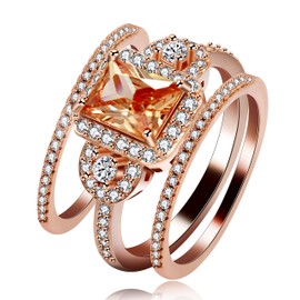 Uloveido 3pcs Rose Gold Plated Emerald Cut Orange AAA Cubic Zirconia 3 Stone Cross Engagement Wedding Ring Set, Gift One Nested Y434