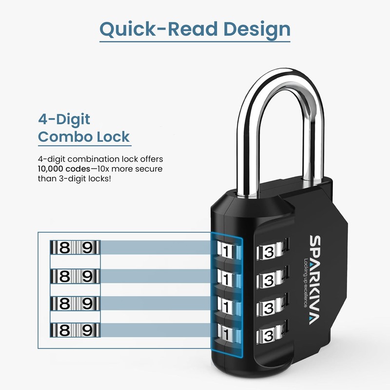 Sparkiva Black 4 Digit Combination Padlock for Gym Locker -
