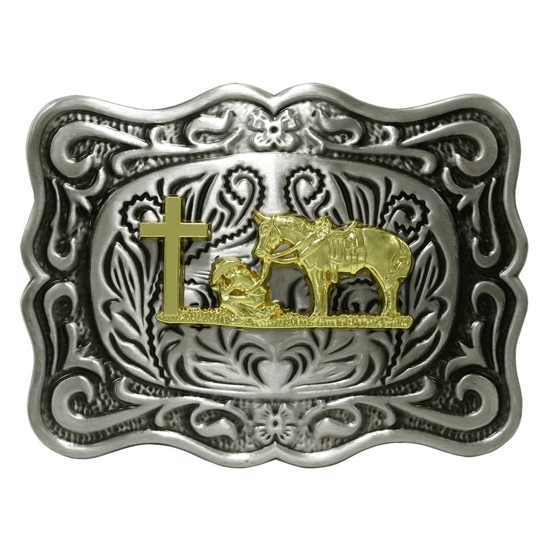 Moranse Belt Buckle With Religion Cross Cowboy Kneeling Prayer And