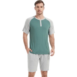 NACHILA Men's Pajamas Set Soft Loungewear Sets Short Sleeve Sleepwear Henley Pjs with Shorts, Viscose Made from Bamboo Dark Green/Light Heather Grey L