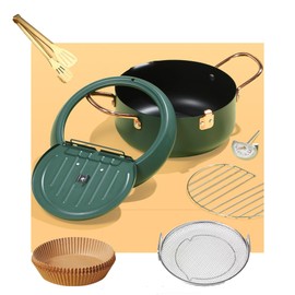 3.5L Stainless Steel Deep Fryer Pot 9.8in with 4 sets, Reduced Splashing Grate Japanese Tempura Thermometer Frying Pot