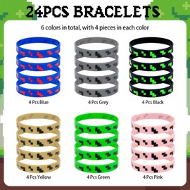 We1stdsee Pixel Theme Party Favors, 24Pcs Rubber Bracelets Mining Goodie Bag Favor, Birthday Party Decorations Supplies for Kids (6 colors)