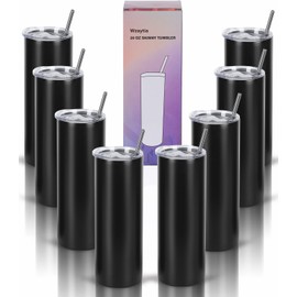 Wzaytia 20 Oz Stainless Steel Straight Skinny Tumbler Set (8 Pack), Insulated Slim Thin Travel Cup with Lid, Black