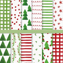 JarThenaAMCS 24 Sheets Christmas Pattern Paper Watercolor Xmas Tree Stripe Scrapbook Specialty Paper Double Sided Red Green Art Paper for DIY Crafts Supplies, 6 x 6 Inch