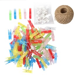 100pcs Mini Clear Hanging Photo Clips + 30m Twine for Picture Hanging, Arts&Crafts, Photo Display, Plastic Clothespins Photo Clips Photo Paper Peg Pin Craft Clips (Multi-Color)