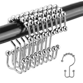 Shower Curtain Hooks Rings Titanker, Stainless Steel Double Glide Rollers Shower Curtain Rods Hooks for Bathroom, Set of 12 Hooks - Chrome