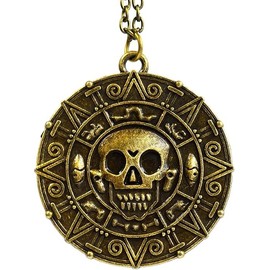 Pirates Aztec Coin Necklace – Bronze Skull Medallion Pendant Charm for Fancy Dress, Costume Accessories, Cosplay Jewelry, Pirate Treasure Coin Necklace for Men and Women