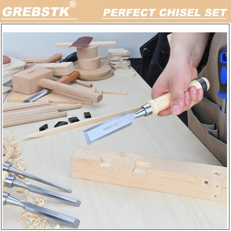GREBSTK 11in Wood Chisel Set for Woodworking, 4pcs Chrome Vanadium