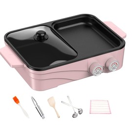 Electric Grill Indoor Hot Pot with Glass Lid & Removable Non-Stick Grill Plate,Separate Dual Temperature Contral, for 2-8 People Family Gathering Friend Meeting Party (pink)