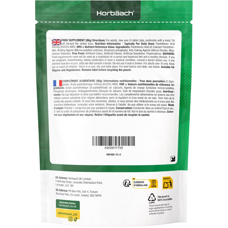 HI Vitamin B5 Pantothenic Acid 500 mg 90 Vegan Tablets