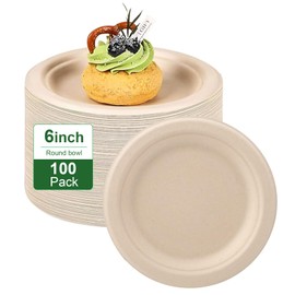 Ksvaye Pack of 100 Round Brown Paper Plates, 15.5 cm, Robust Disposable Bowls, Sugarcane Plates, Disposable Tableware, Party Plates, Environmentally Friendly and Sustainable, Biodegradable for Party