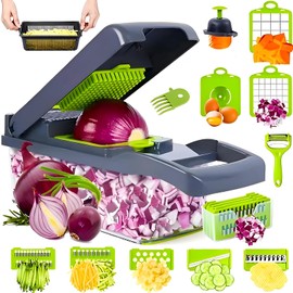 16 in 1 Vegetable Chopper,Veg Chopper and Dicer with 1.2L Container & Draining Basket, Kitchen Multifunctional Mandoline Vegetable Slicer for Veggies,Onion,Garlic,Potatoes and Salads (Grey)