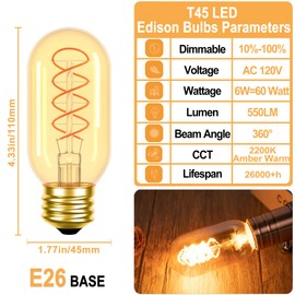 Dimmable E26 LED Vintage Edison Bulbs 6W Equivalent E26 Bulb 60 Watt, 4 PACK 2200K Amber Warm T45/T14 Tubular Antique LED Edison Light Bulbs for Rustic Pendant, Chandeliers, Wall sconces, Ceiling Fan