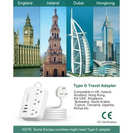 10FT Extension Cord with UK Plug Adapter, US to UK Plug Adapter with 3 Outlets 3 USB Charging Ports (USB-C), Type G Travel Adapter for USA to Scotland British London England Irish Dubai