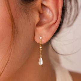 VRIUA Pearl Earrings for Women - 14K Gold Plated Dainty Stud CZ Dangle Pearl Earrings - Trendy Gold Wedding Bridal Earrings for Women