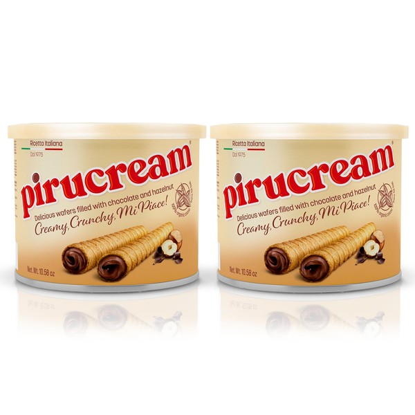 Pirucream Rolled Wafers with Chocolate Hazelnut, Organic Alkaline 100% Cocoa – No Trans-Fat, Preservatives, Colorants or Additives and without Palm Oil (300Gr/ 10.58Oz – 2 Pack Tin)