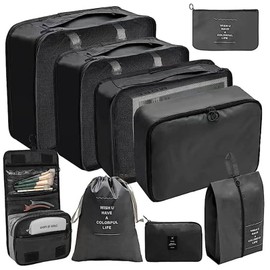 Packing Cubes Set of 9 - Multifunctional Suitcase Organiser for Compression Packing Cubes, Packing Cubes, Cosmetic Bag, Shoe Bag, Travel Gadgets (Black, 9 Pieces)