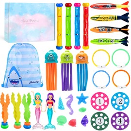 COYBTO 33 Pcs Diving Toys for Swimming Pool Set, Diving Pool Toys Comes with Storage Bag and Gift Box, Summer Swimming Playthings with Mermaids, Dive Sticks, Seagrass, for Kids