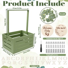 JarThenaAMCS Wooden Baby Shower Crate Closet Sage Green Welcome Baby Gift Basket with Handles Baby Storage Wood Crate for Newborn Boys Girls New Parents