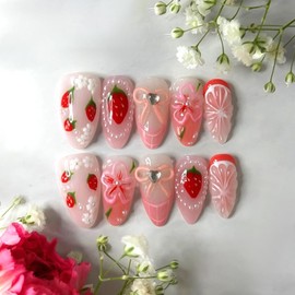 24Pcs Strawberry Press on Nails Medium Almond Fake Nails with 3D Pearl Designs Pink French Tip Acrylic Nail Cute Flower Bow Lemon False Nail Summer Glue on Nails for Women DIY Manicure