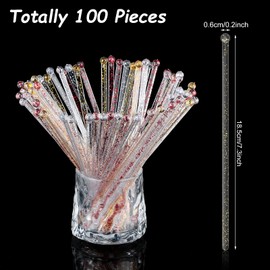 100 Pieces Disposable Plastic Round Top Crystal Swizzle Sticks Glitter Plastic Swizzle Sticks Cocktail Coffee Drink (Silver, Gold, Red)