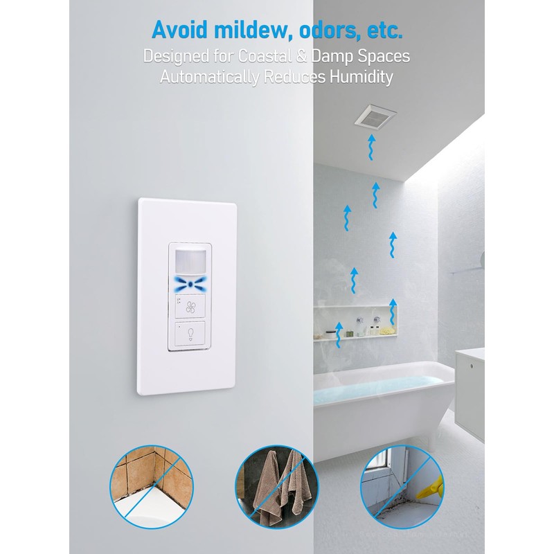 TORCHSTAR Humidity Sensor Switch with PIR Motion Detection, Adjustable Timing,