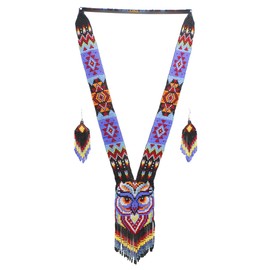 Native Tribal Style Long Statement Beaded Necklace for Women Handmade (Black Purple Owl)