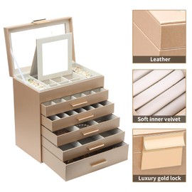 BOOVO Jewelry Boxes for Women, White and Black 6 Layer Large Jewelry Box for Necklace, Bracelet, Earrings, Rings Storage, Jewelry holder Organizer for Girls Gift (Gold, 6 layer)