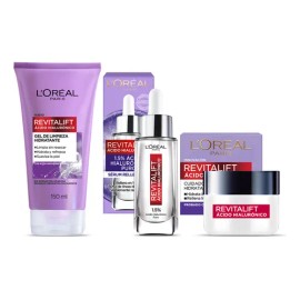 Kit L'Oréal Paris Revitalift Ácido Hialurónico: Sérum rellenador facial Crema día Gel limpiador 3 piezas Hidrata intensamente y rellena líneas de expresión aprobado por dermatólogos skin care