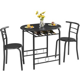 VECELO 3 Piece Round Dining Table & Chairs Set for 2, Wooden Kitchen Dinette Set with Wine Storage Rack for Small Space, Breakfast Nook, Saving Space, Black