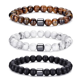 MOROTOLE Mens Beaded Bracelet Tiger Eye 8MM Natural Stone Beads Bracelet Set Adjustable Stretch Lava Rock Bracelets for Men Black Crystal Beaded Bracelets for Men Father Boyfriend Brother Gifts