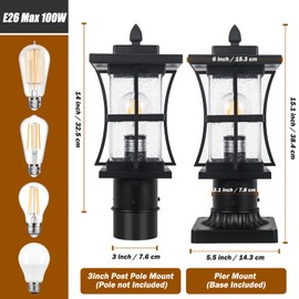 Dusk to Dawn Outdoor Post Light Fixture with Pier Mount Base - Black Outdoor Pole Lighting, Waterproof Pillar Lantern, Modern Outside Column with Seeded Glass for Pathway, Garden, Patio, Anti-Rust
