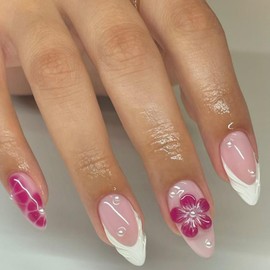 Red Flower Press on Nails Short Almond Shaped Fake Nails Glossy False Nails White French Tip Acrylic Nails with 3D Floral Pearl Designs Full Cover Stick on Nails for Women DIY Manicuare 24 Pcs