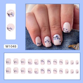 Vezocim Flower Press on Nails Square Shapes, 24Pcs Nude Short Artificial Fake Nails with Blue Floral Bud Designs, Full Cover Glossy Coffin Acrylic False Nails, Stick on Fingernails for Women(W1048)