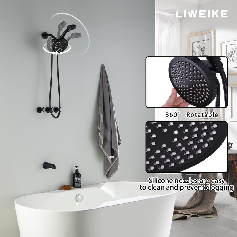 LIWEIKE 3 Handle Tub Shower Faucet, Matte Black Three Handles