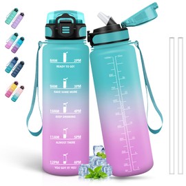 Drinking Bottle 1 Litre, Bottle with Straw, Sports Water Bottle for Adults, Leak-Proof Drinking Bottle, Can Be Carried, Water Bottle with Time Marking, for Camping, Hiking, Fitness, Green Pink