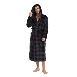 Vulcanodon Men's Fluffy Bathrobe with Hood, Fleece Bathrobe Plush Bathrobe for Men Dressing Gown House Coat, gray