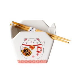 Urban Tokyo Chinese Takeout Box Style Porcelain Bowl With Chopsticks 18 fl oz Square Box Shape Rice Noodles Pasta To Go Box Shaped Bowl Microwave Dishwasher Safe (Lucky Cat)